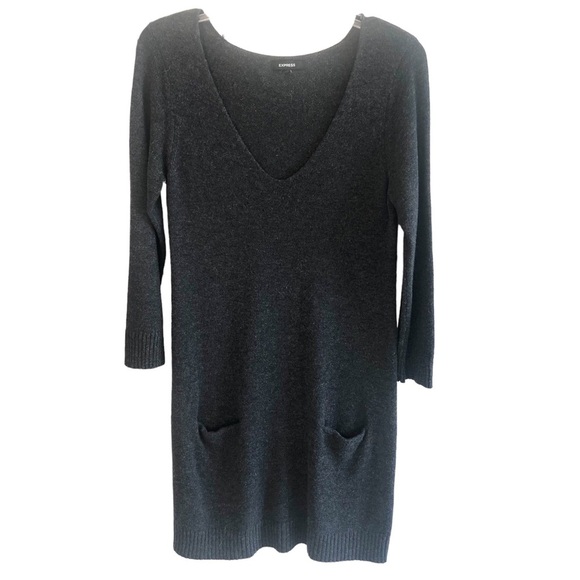 Express Women's Gray Wool Blend Sweater Dress With Pockets, V-Neck, Size Medium - Picture 1 of 7